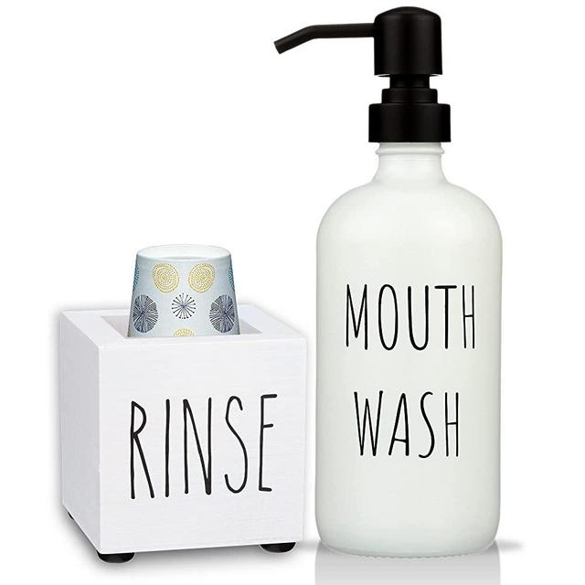 Mouthwash Dispenser with Pump and Wood Cup Holder for Bathroom - Complete Set with 16oz Glass Bottle, Wood Cup Dispenser Holds 3-5oz Cups, Stylish Text, White & Black, Durable, Easy to Clean