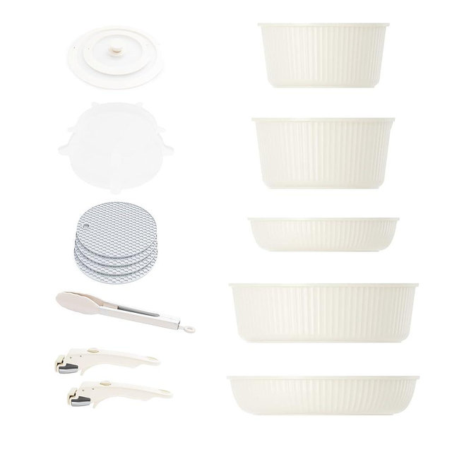 Caannasweis Detachable Nonstick Cookware Set - Stackable Induction Pots and Pans With Removable Handles, Dishwasher Safe - For RV Camping, Oven and Stovetop Use, 5 Pieces (Cream)