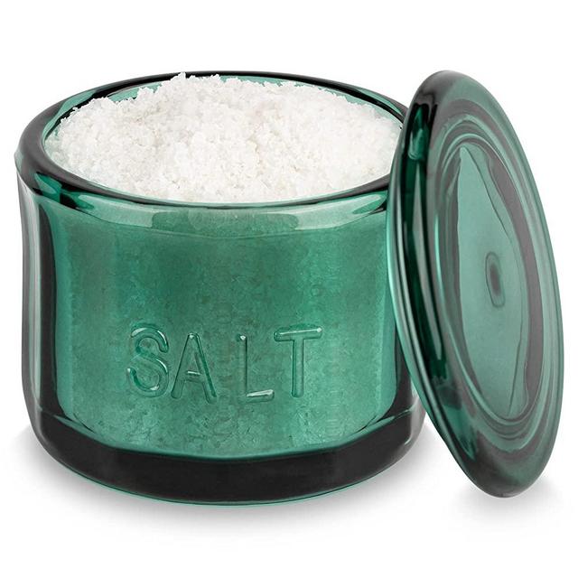 Kook Salt Cellar & Jar, Round Salt Container, Pressed Clear Glass, with Clear Lid, Embossed, 10 oz (Emerald)