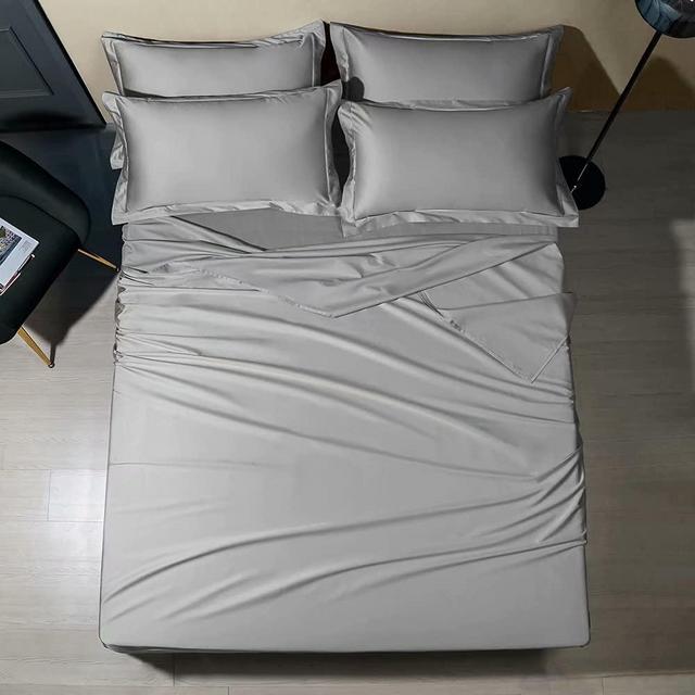 Shilucheng 6PC 100% Pure Egyptian Cotton Sheets Sets,Queen Size Cooling Bed Sheets 600 Thread Count Long Staple Cotton,Sateen Weave for Silky Feel, Fits Mattress 16" Deep Pocket(Queen,Grey)