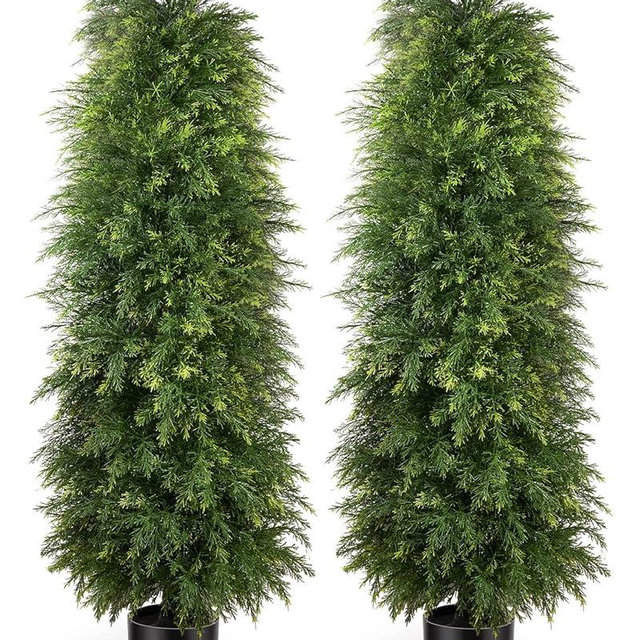 YEMMEN 2 Pack 5ft Artificial Cedar Topiary Trees, Outdoor Artificial Plants for Front Porch Décor, Artificial Shrubs Fake Plants Uv Rated Potted Plants for Outdoor, Indoor, Front Door, Office.