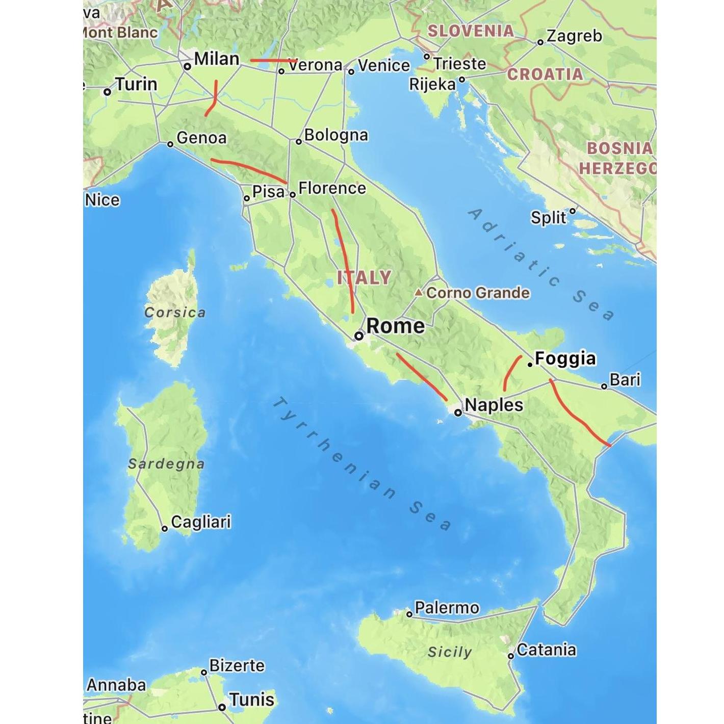 The route that we plan to take through Italy!