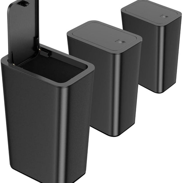 Homie 3 Pack Slim Bathroom Trash Can 2.9 Gallon with Pop-Up Lid, Bag Holding Clips, Use as Mini Garbage Basket, Slim Dust Bin, or Decor in Bathroom, Restroom, Kitchen (Black)