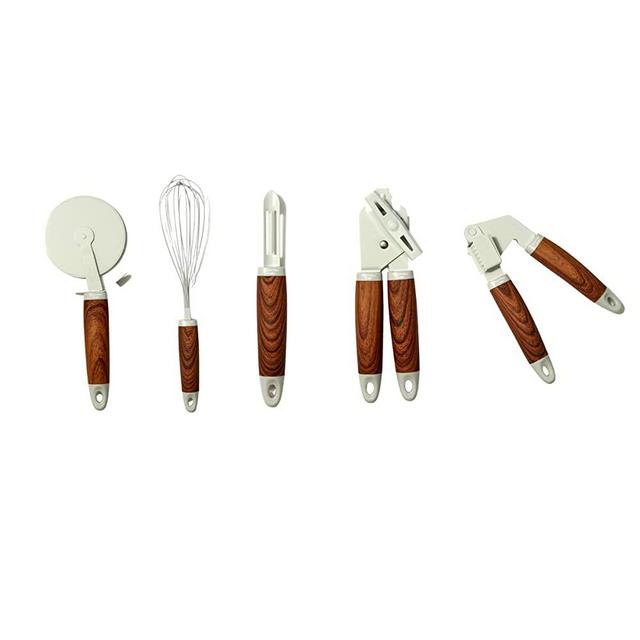 Phantom Chef 5 Piece Kitchen Gadget Set | Pizza Cutter, Egg Whisk, Vegetable Peeler, Can Opener, Garlic Press | Stainless Steel | With Soft Touch Faux Wood Handle | 5 Pcs Cooking Utensil Set (Grey)