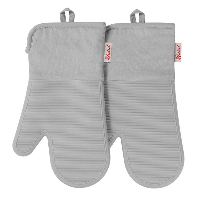 YUTAT Silicone Oven Mitts,High Heat Resistant Up to 500 Degrees,Waterproof Cooking Gloves with Soft Polyester Filling,Kitchen Potholder Set - Perfect for BBQ,Baking and Cooking,Grey,2 Pcs Set