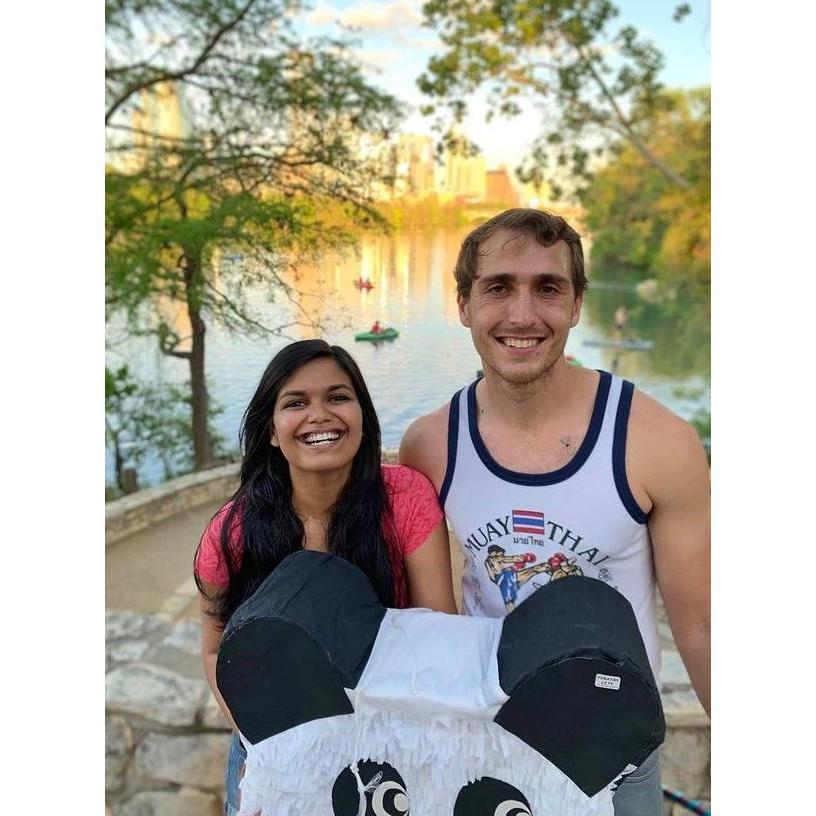 When Caleb threw Nishtha's 23rd bday. Friends gathered at Zilker park. There was cake, hula-hoops, and a piñata that contained letters to Nishtha that Caleb gathered from loved ones. Tears were shed.