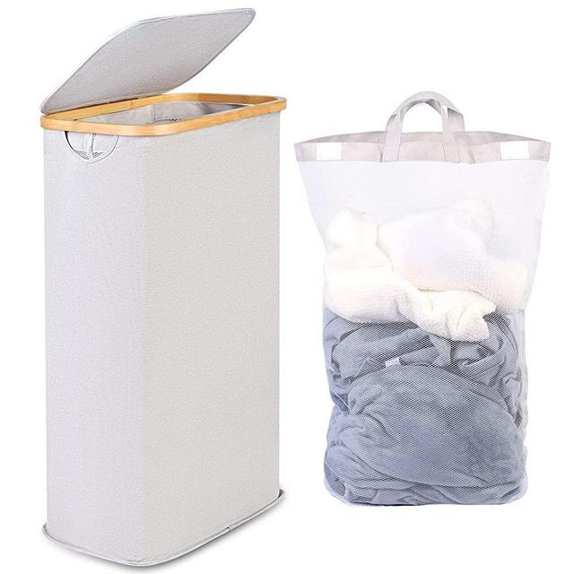 efluky Slim Laundry Hamper with Lid, Narrow Laundry Hamper with Removable Bags, Collapsible Dirty Clothes Basket with Handles for Bathroom, Bedroom & Laundry Room, 63L Beige