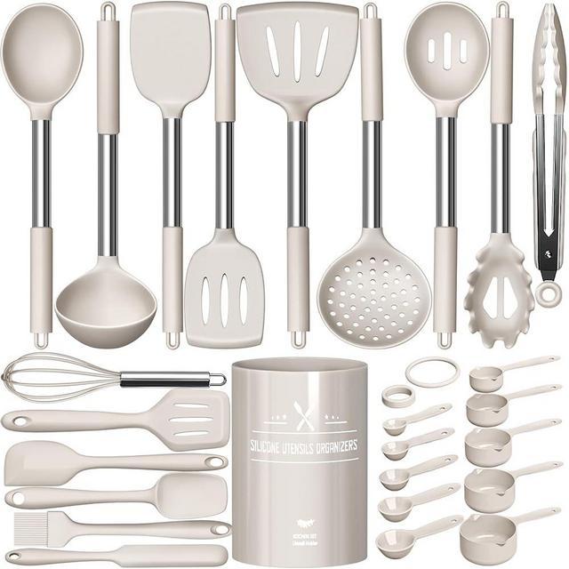 Large Silicone Kitchen Utensils Set, Umite Chef Heat Resistant Cooking Utensil with Stainless Steel Handle, Spatula, Spoon, Khaki Silicone Cooking Utensil for Nonstick Cookware, Dishwasher Safe