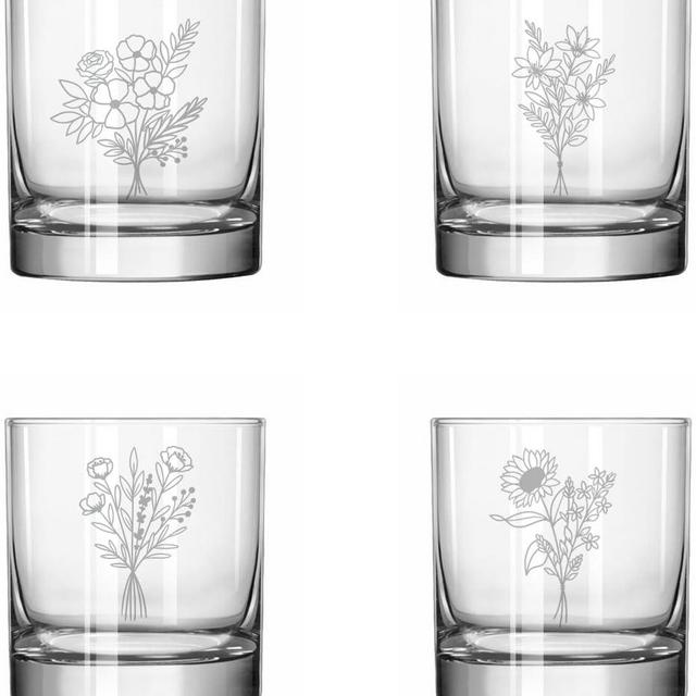 MIP Set of 4 Glass 11 oz Rocks Whiskey Glass Gift Flower Bouquet Collection