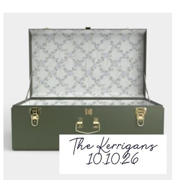 Grand Bridal Trunk- Green. Fabric: Timeless Trellis. Custom line 1: The Kerrigans. Custom line 2: 10.10.26