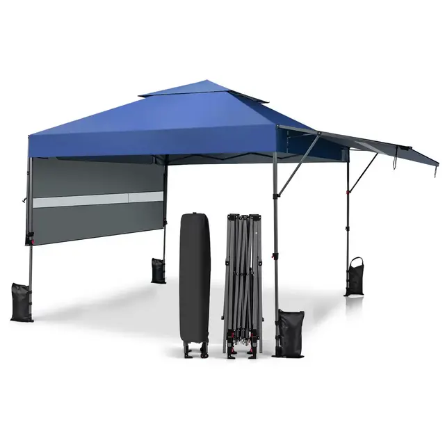 Costway 10'x17.6'Outdoor Instant Pop-up Canopy Tent Dual Half Awnings Adjust Patio Blue