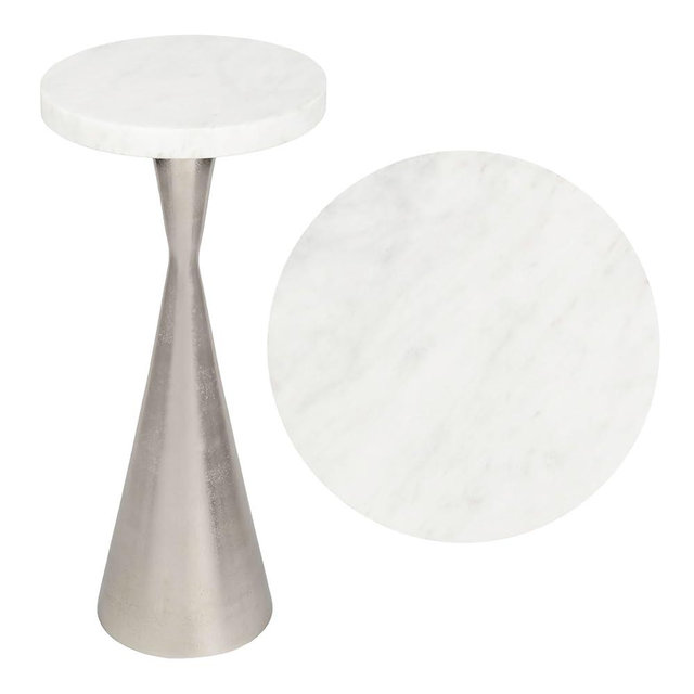 JONATHAN Y END4003A Ziggy 22" Contemporary Designer Metal Drink Table and Decorative End Table with White Marble Round Top and Cone Pedestal Base for Living Room, Bedroom, Office, Antique Nickel