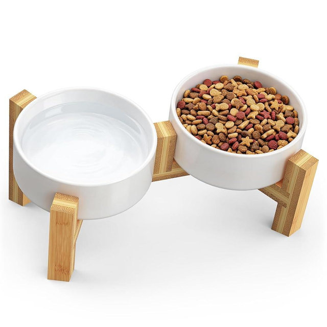 Bamboo Elevated Cat Bowls, 2 Ceramic Raised Cat Food and Water Bowls for Cats and Puppy, 15 Tilted Stand Anti Vomitting, Whisker Fatigue, Dishwasher Safe