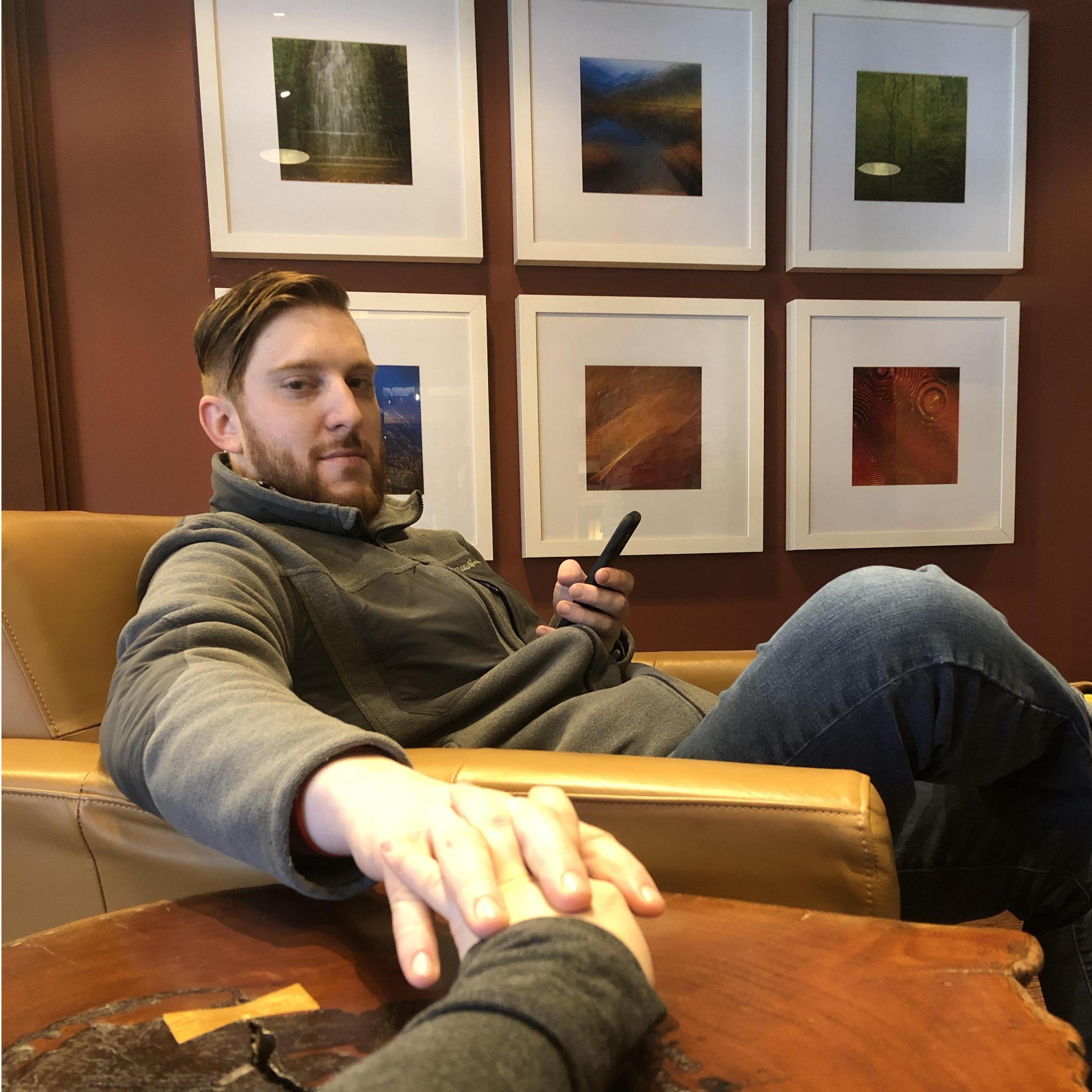 Enjoying some quiet time next to the fireplace before a beautiful breakfast the morning we got engaged.