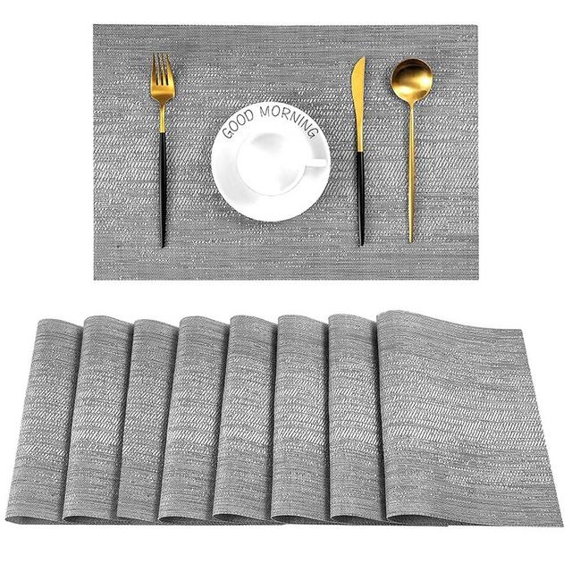 Leetaltree Grey Placemats, Heat Resistant Non-Slip Place mats for Dining Table, Washable Durable PVC Vinyl Woven Table Mats (Set of 8)