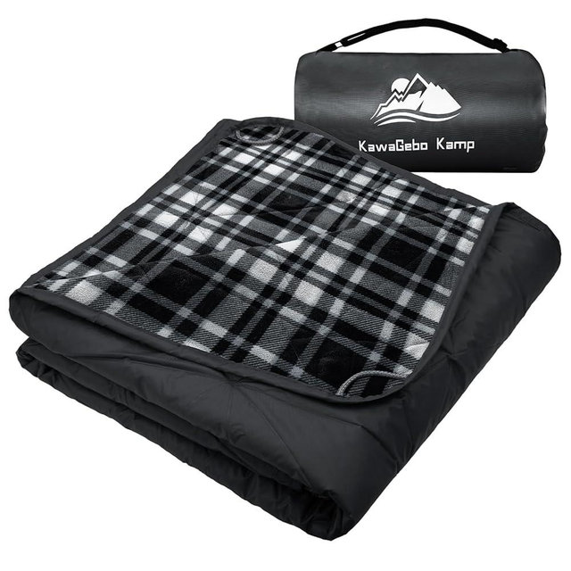 KawaGebo Kamp Large Outdoor Waterproof Blanket Extra Thick Fleece Stadium Blanket for Camping, Car, Pet, Picnics - Windproof, Wearable, Machine Washable 80" x 58" (Black Check)