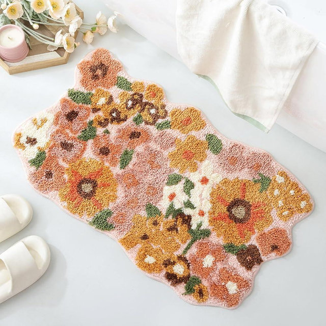 TRUEDAYS Wildflower Floral Bathroom Rug - Cute Tufted Non Slip Soft Flower Shaped Bath Mat, Washable Farmhouse & Cottagecore Bathroom Decor - Aesthetic Orange Rug for Vanity, Tub, Entryway