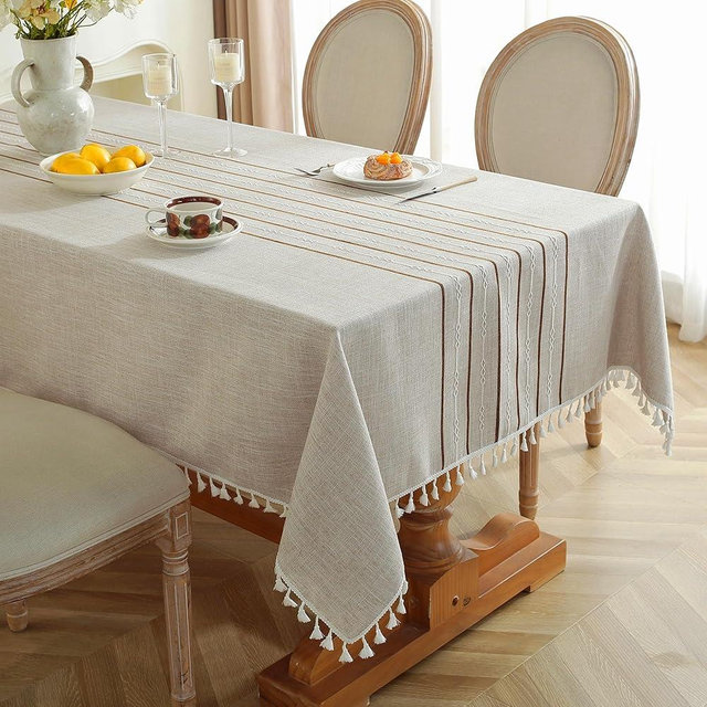 JIALE Tablecloths for Rectangle Tables, Cotton Linen Table Cloth Waterproof Tablecloth Wrinkle Free Farmhouse Dining Table Cover, Soft Fabric Table Cloths with Tassels, Coffee, 55" X 102", 8-10 Seats
