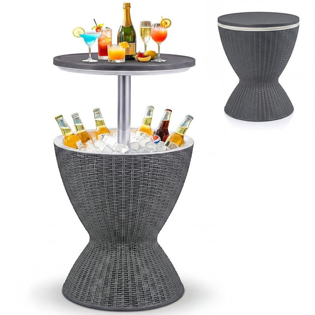 Giantex Outdoor Ice Cooler Side Table with Adjustable Height, 8 Gal Beverage Bucket with Drain Plug, Rattan Patio Bar Table for Poolside, Deck, BBQ & Backyard Parties