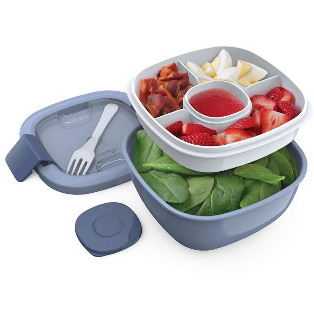Bentgo® Salad - Stackable Lunch Container with Large 54-oz Salad Bowl, 4-Compartment Bento-Style Tray for Toppings, 3-oz Sauce Container for Dressings, Built-In Reusable Fork BPA-Free (Slate)