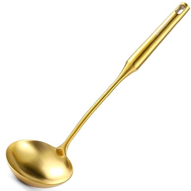 Gold Soup Ladle - 18/10 Stainless Steel Ladle Spoon, 13.8" Soup Spoons [Integral Forming, Heat Resistance，Vacuum Handle] Kitchen Metal Ladel for Cooking, Serving, Stirring, Canning，Sauce, Wok & Soup