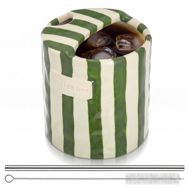 Ferrochef 1 Pack Ceramic Coffee Mug with Sip Hole, Simple, Green | 10oz Ceramic Coffee Cup with Straws, Retro Hand Painted Striped, for Iced Coffee Tea Latte Espresso, Kitchen Dining Travel