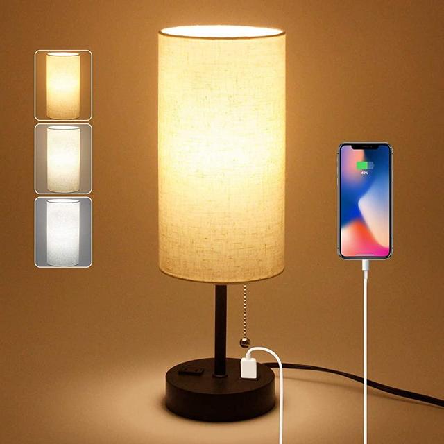 USB Bedside Table Lamp, 2700K 4000k 5000K Nightstand Lamp with Pull Chain, Bedside Lamp with USB Port & AC Outlet, Table Lamps for Bedrooms Living Room, Bulb Included, Fabric Linen Lamp Shade, 1PK