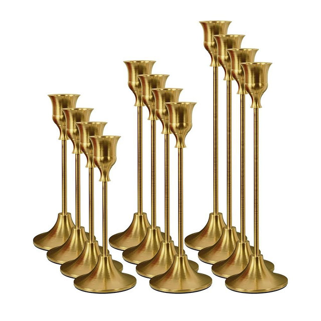 NLBTW Set of 12 Brass Gold Taper Candle Holders, Candlesticks Holders Bulk, Vintage Candlestick Holder Decorative Metal Candle Sticks Home Decor Centerpieces for Table Mantel Festive Decorations
