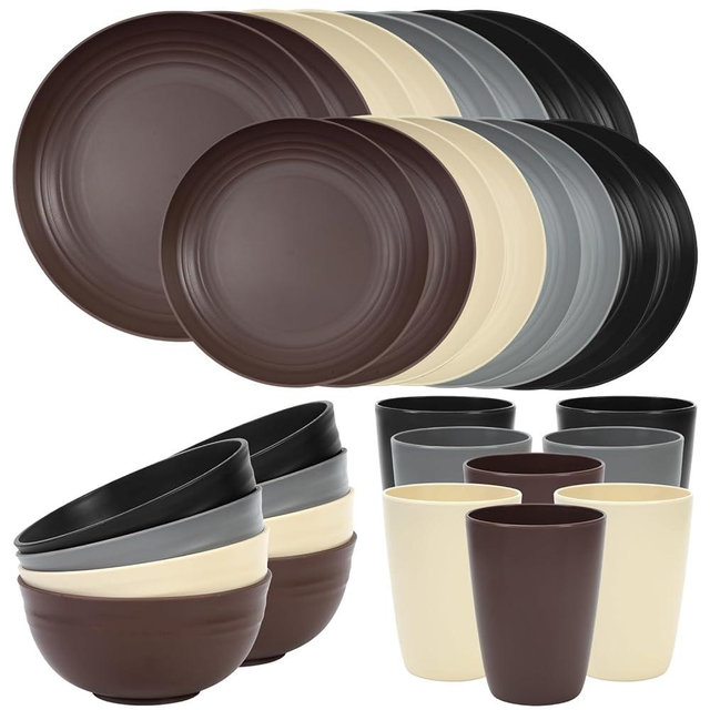Quatish 32 Piece Plates and Bowls Sets for 8, Unbreakable Dinnerware Sets, Plastic Dish Set for Camping, Dishwasher Microwave Safe, Outdoor Kitchen and Apartment Dinning RV Essentials, Brown