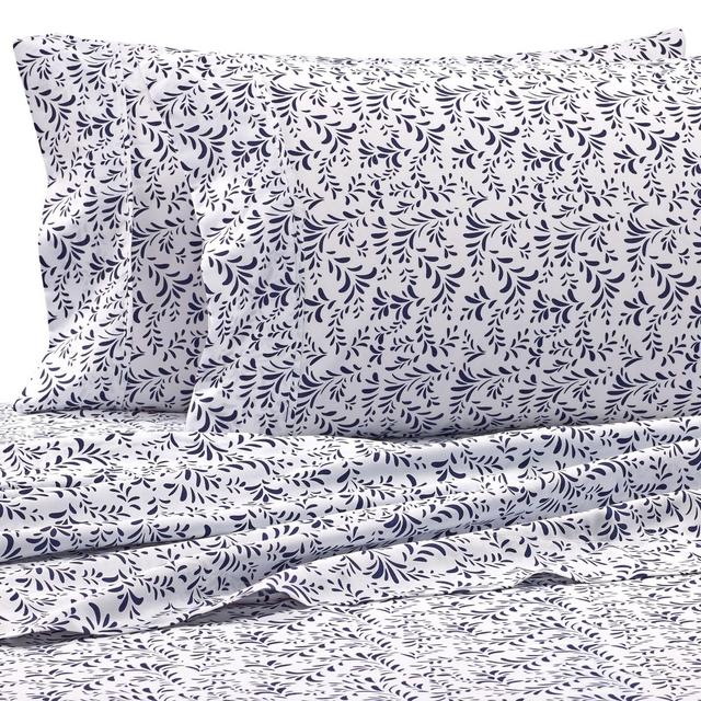 Burst of Vines Microfiber Deep-Pocket California King Sheet Set in Navy