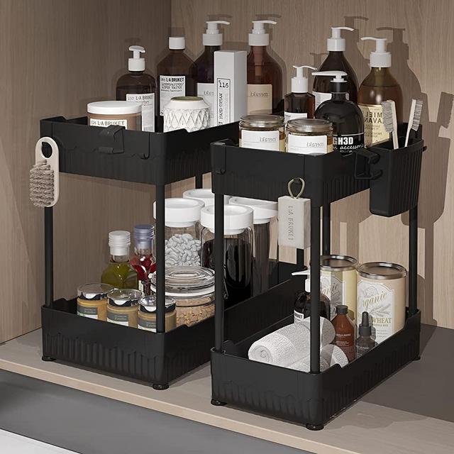 Sevenblue 2 Pack Under Sink Organizers and Storage,Under Cabinet Organizer with Hooks and Hanging Cup, Multi-Purpose Kitchen and Bathroom Organization, Black