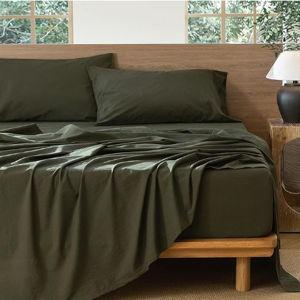 MooMee Bedding Sheet Set 100% Washed Cotton Linen Like Textured Breathable Durable Soft Comfy (Solid Olive Green, Queen)