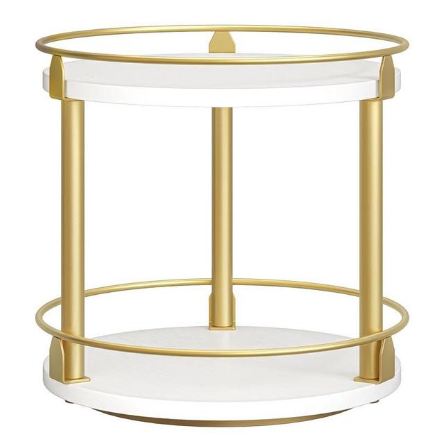 YATINEY Lazy Susan Organizer, Rotating Spice Rack, 2 Tier Spice Turntable Organizer, Industrial Turntable Spice Holder, for Kitchen Countertop and Cabinet, Compact and Versatile, White and Gold SR22DW