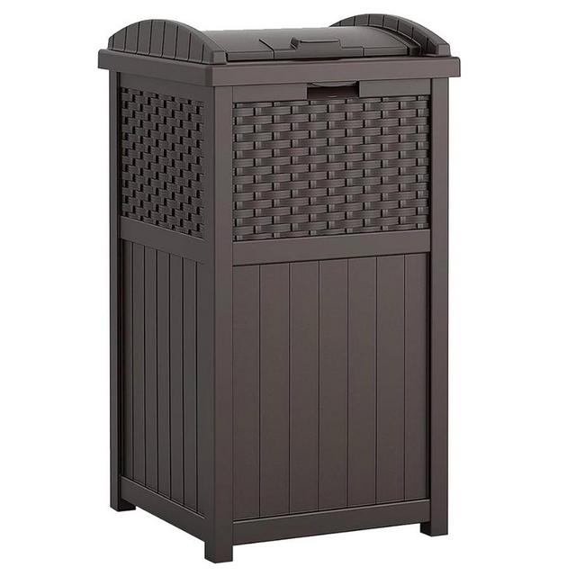 Suncast 33 Gallon Outdoor Trashcan Hideaway with Lid for 30 to 33 Gallon Trash Bags for Garage, Backyard, or Garden, Brown