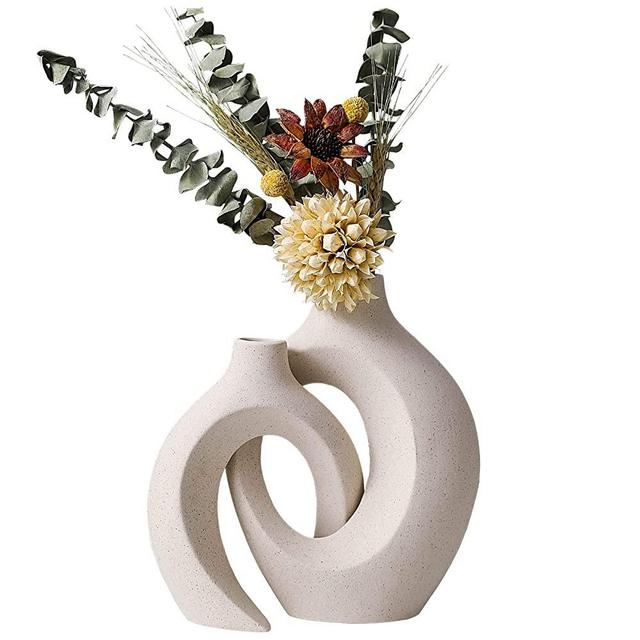 GOLDTIMO White Ceramic Vase for Decor, Modern Home Décor Vase Set of 2, Circle Matte Hollow Donut Pampas Flower Vases Nordic Boho Ins Style for Wedding Dinner Table Living Room Office Bedroom décor