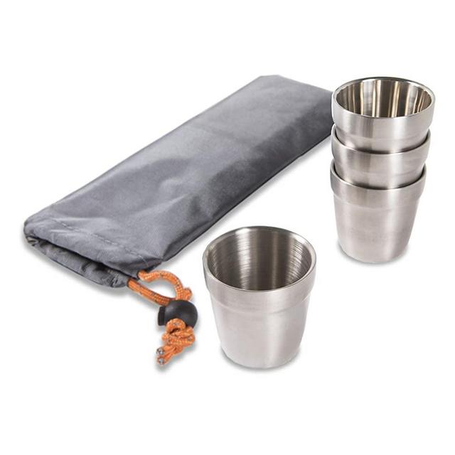 nCamp Camping Coffee Mug Cup Set, Stainless Steel, Insulated, Stackable, Gear for Backpacking Hiking Camp Outdoor Includes Carrying Bag, 6 Oz (4 Pack)
