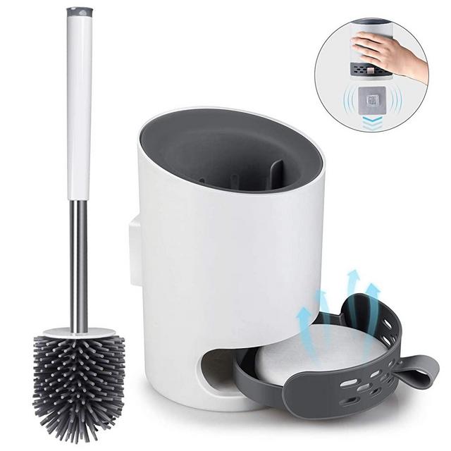 Domi-patrol Toilet Brush and Holder Set, Toilet Brush Wall Mounted Toilet Bowl Cleaner Brush Set for Bathroom Organization, Soft Silicone Bristle Toilet Brush with Diatomite Mat & Tweezers, White