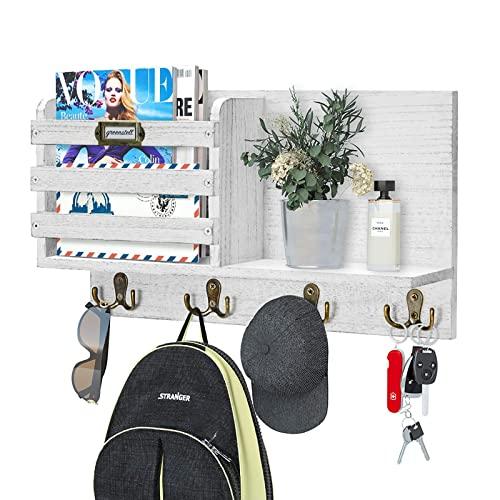 Greenstell Mail Sorter Organizer Wood Key Holder Organizer, Rustic Wall Mail Holder with Tags Frame & 4 Key Hook Rack for Entryroom, Mudroom, Hallway, Kitchen, Office White Gray