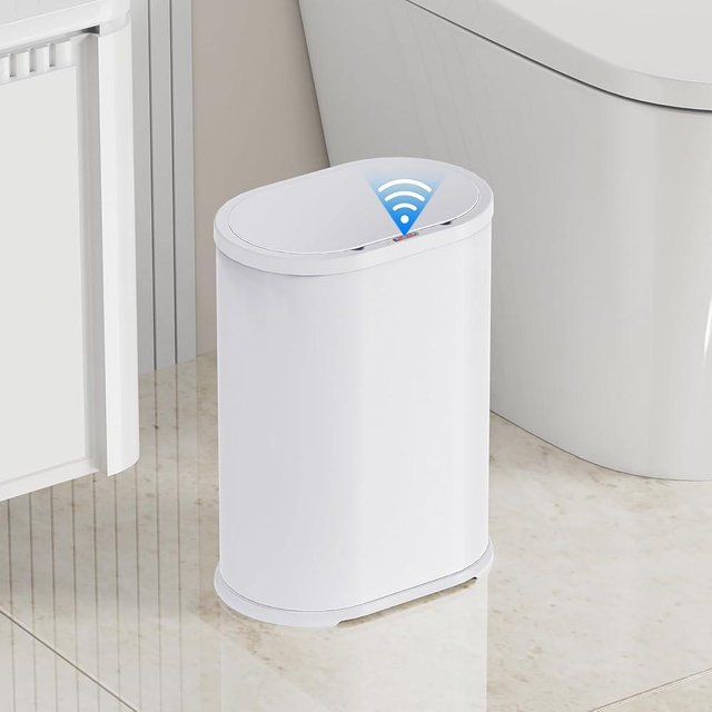 KdbK 1.6 Gallon Automatic Bathroom Trash Can, 6L Touchless Motion Sensor Garbage Can with Lid, Smart Stainless Stee Trash Bin for Narrow Spaces, Bathroom, Office, Bedroom, Living Room (White)