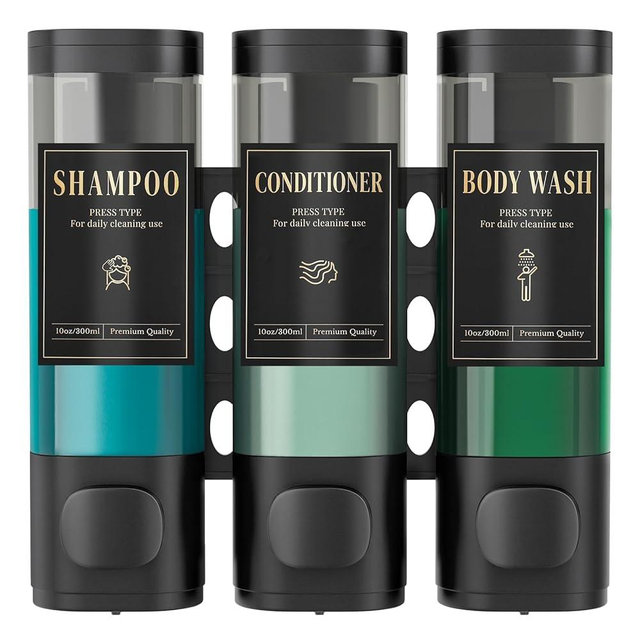 Luxspire Shampoo and Conditioner Dispenser, No Drill Wall Mounted Shower Soap Dispenser 3 Chamber with Waterproof Labels, Easy Refill Soap Dispenser for Bathroom Hotel Kitchen, Black