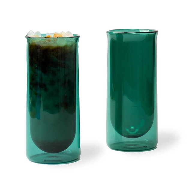 FLUR Iced Coffee Glass (Set of 2): For Iced Coffee and Iced Drinks - Double-Walled Borosilicate Glass - Handmade - 15.5oz (Teal)