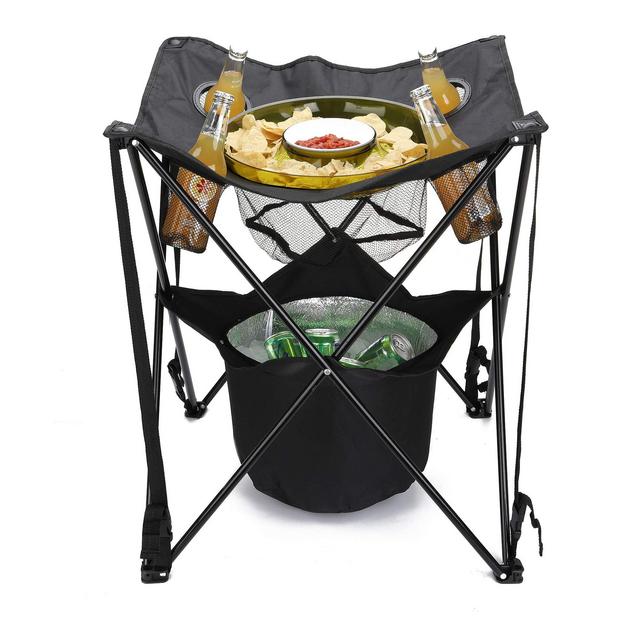 Mind Reader TAILGABLE-BLK Collapsible Folding Table with Insulated Cooler, Food Basket, and Travel Bag for Barbeque, Picnic, Camping, and Tailgate, Black