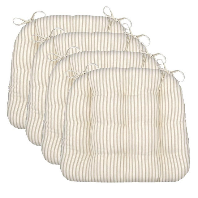 Barnett Home Decor Chair Cushions for Dining Chairs - 15x17 Kitchen Chair Cushions - Machine Washable, 100% Cotton, Made in USA - Latex Foam Comfort Chair Pads - Ticking Stripe Natural Small Pack of 4