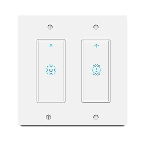 Smart Light Switch&Alexa Smart Double Switch& 2.4Ghz WIFI Light Switch With Timer and Remote Control,Schedule,Neutral Wire Needed,Works with Alexa, Google Assistant and IFTTT,Single Pole (2gang)