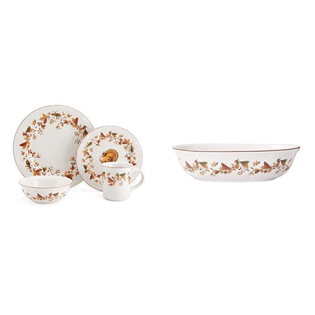Pfaltzgraff Autumn Berry 16 Piece Dinnerware Set, Service for 4, Multi Colored & Autumn Berry Oval Vegetable Bowl, white, 11.5 inches