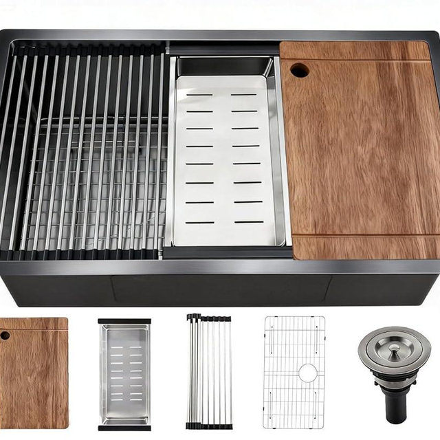 30" Black Stainless Steel Workstation Kitchen Sink, Large Single Bowl Drop-In Undermount Farmhouse Sink (Black, 3018)
