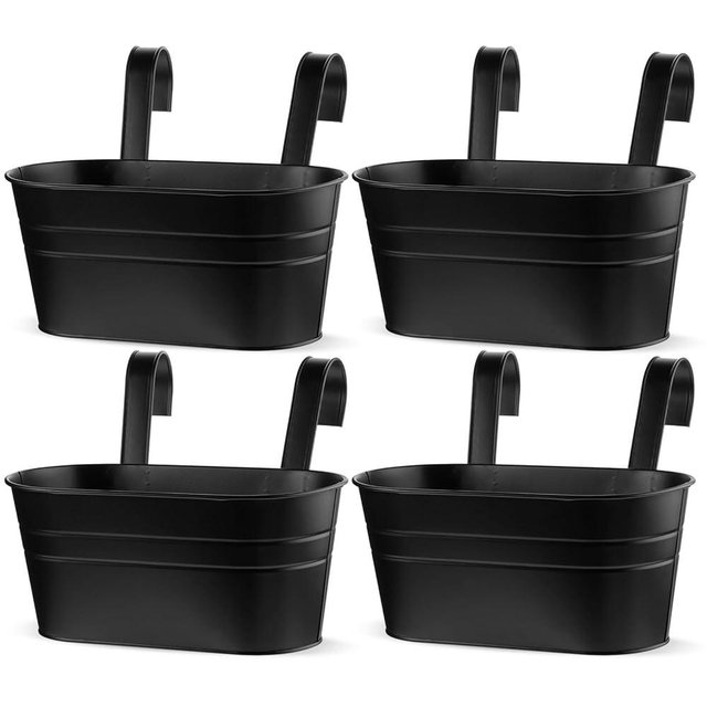 Hicarer 4 Pcs Metal Hanging Flower Pots for Railing Fence, 10.6 Inch Hanging Rail Planters for Outdoor Window Balcony Plants Holder with Hooks for Garden Yard Home Decor (Black)