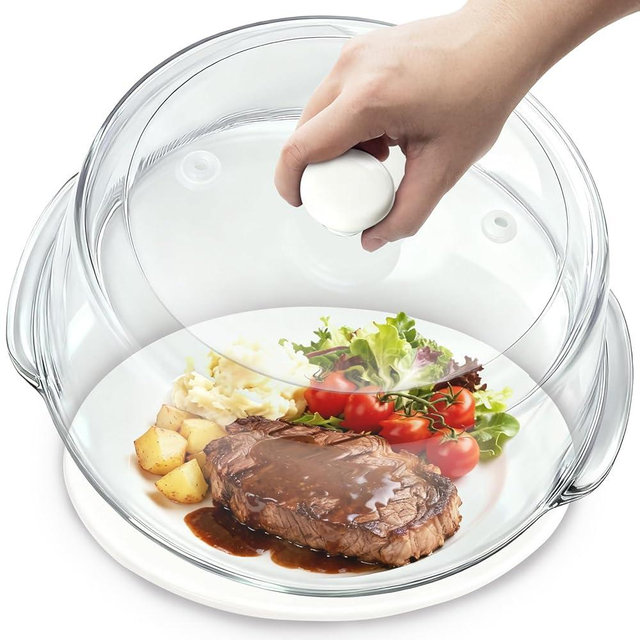 FANQIEW Glass Microwave Splatter Cover for Food Tall Microwave Cover with White Ceramic Knob 100% Food Safe 10 In Plate Splatter Guard Lid with Vent Hole BPA Free Dishwasher Safe
