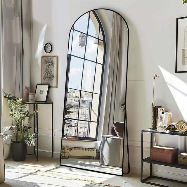 ZHUNFA Arched Full Length Floor Mirror Black, 64"x 22" Full Floor Mirror with Stand, Standing Mirror Hanging or Leaning, Living Room, Bedroom, Gym, Aluminum Alloy Frame-Black