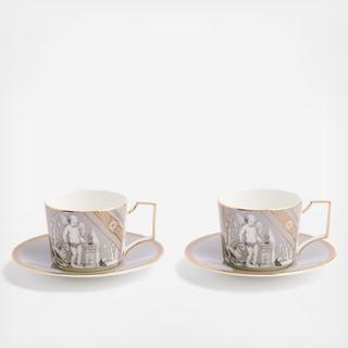 Renaissance Grey Accent Teacup & Saucer, Set of 2